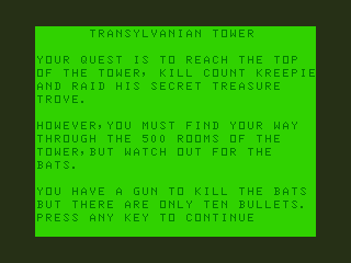 Transylvanian Tower (Dragon 32/64) screenshot: Instructions