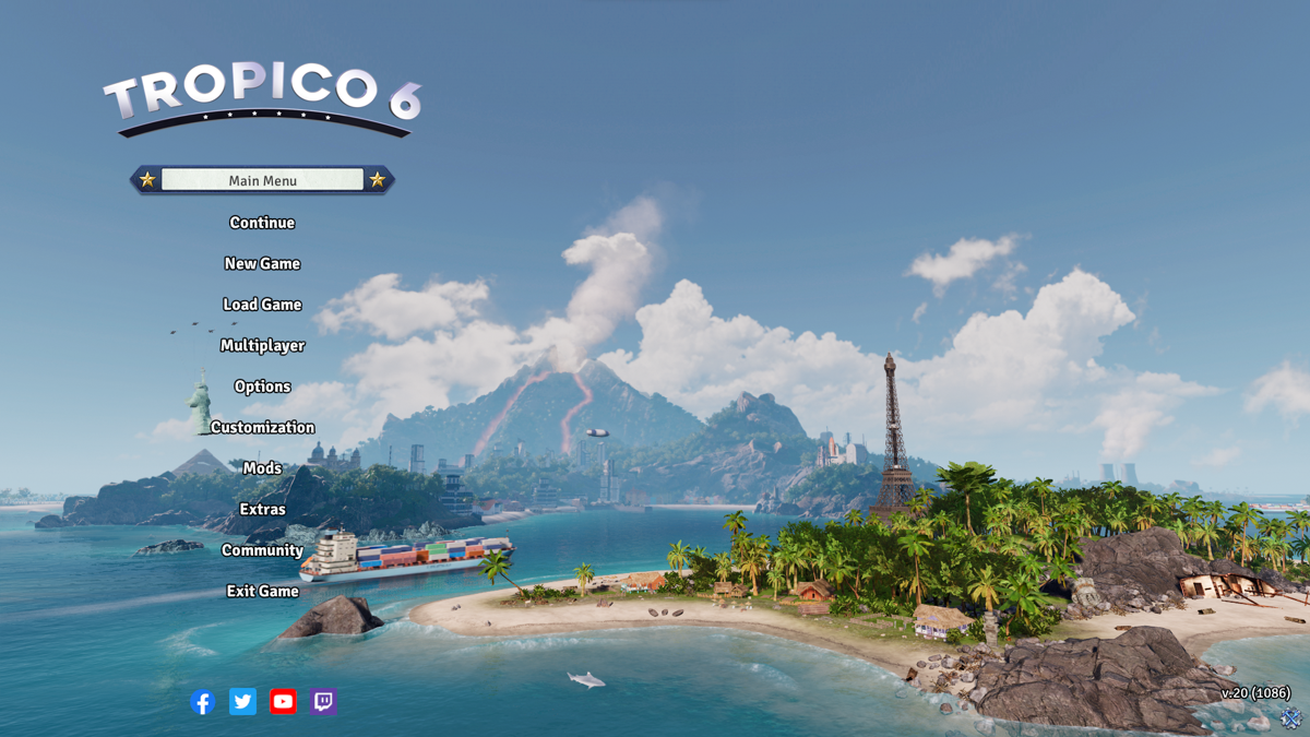 Tropico 6 (Windows) screenshot: Main menu (mods option added with mod.io integration in September 2023)