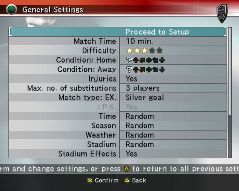 World Soccer: Winning Eleven 8 International (Windows) screenshot: Playing an exhibition match. After team selection comes a strip selection screen which is followed by this configuration screen. Matches can range from five to thirty minutes