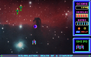 Kiloblaster 1 (DOS) screenshot: The start of level one<br>The round thing in the centre of the screen is a power up