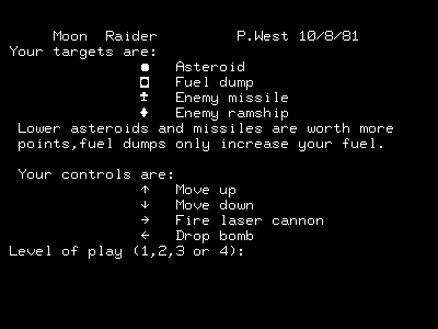 Moonraider (Nascom) screenshot: This is the title screen and instructions. There are four difficulty settings.