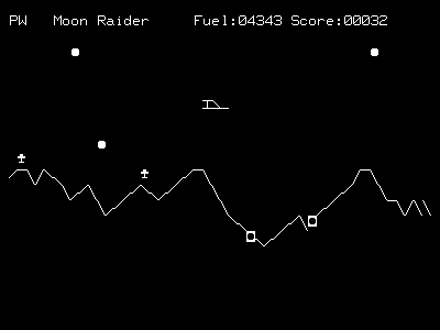 Moonraider (Nascom) screenshot: Your vessel at the middle of the screen. You 've got to avoid the terrain, shoot at asteroids and missiles and bomb the fuel depots.