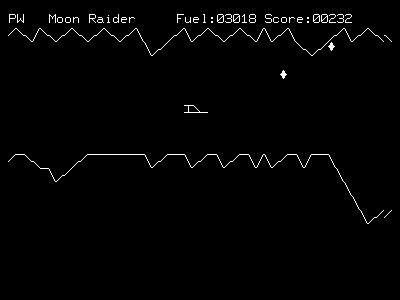 Moonraider (Nascom) screenshot: Later in the game you fly along irregular tunnels.