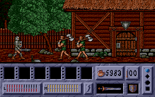 Back to the Golden Age (Atari ST) screenshot: Guys, those axes looks really heavy! Let me lighten your burden!