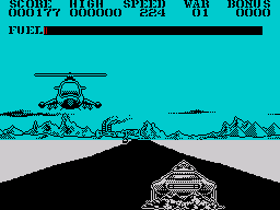 Fire and Forget (ZX Spectrum) screenshot: A helicopter whizzes past, blink and you miss it.