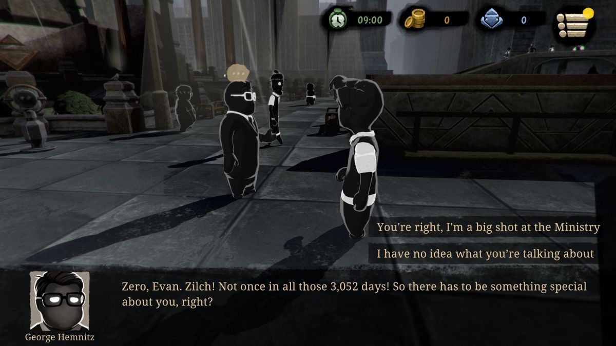 Beholder 2 (Windows) screenshot: Our first day at the ministry and on arrival we meet George. He likes numbers a lot and uses them frequently. He has been assigned to meet us and show us to our office. The right of the screenshot shows how conversations are handled
