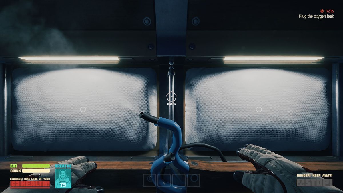 Breathedge (Windows) screenshot: The game starts in an airlock and the first tsak is to plug the gas leak