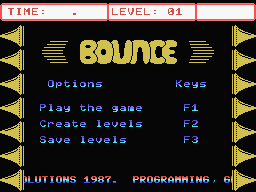 Bounce (MSX) screenshot: In the Menu Screen it is possible to start a game (F1) but the player(s) can also adjust or create their own levels by pressing (F2). It is then possible to save them to a disk/tape under one of the Bou.Level names with F3. Then choose a name.
