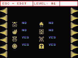 Bounce (MSX) screenshot: One of the options is to change the monsters. A YES or NO box will appear. You can change them with the fire button or the space bar. Use the joystick/cursor keys to move from monster to monster.