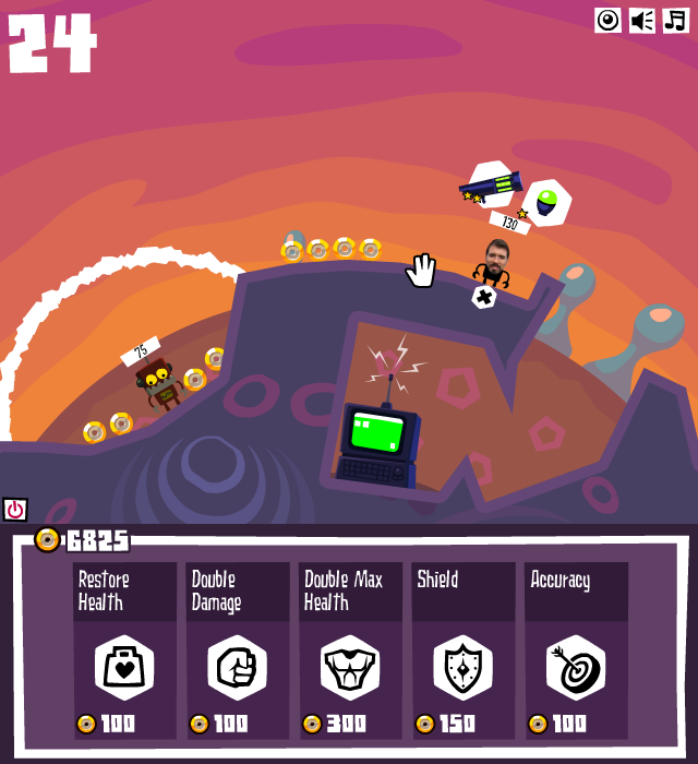 Crazy Planets (Browser) screenshot: Weapon selection is displayed above the player. Destroying the computer in the cave below will turn off the forcefield on the left.