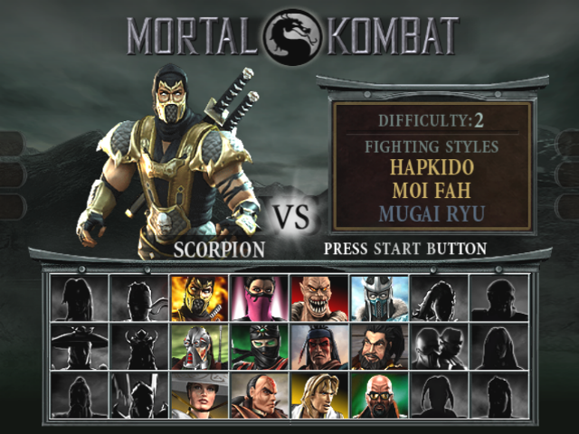 Mortal Kombat: Deception (PlayStation 2) screenshot: Character select screen (Mortal Kombat).