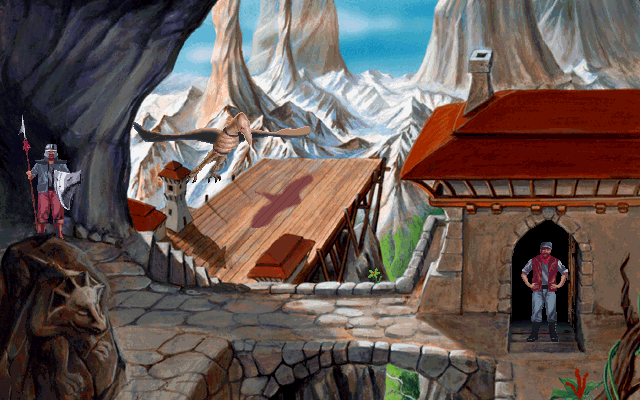 Die Höhlenwelt Saga: Der Leuchtende Kristall (DOS) screenshot: Eric arrives in the medieval cave world. A flying dragon (kind of an air bus) lands.
