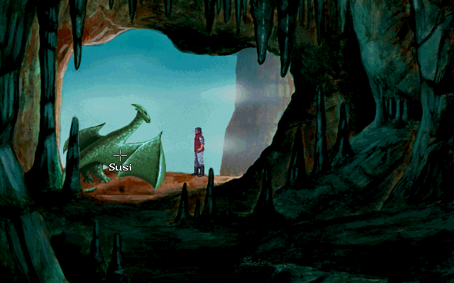 Die Höhlenwelt Saga: Der Leuchtende Kristall (DOS) screenshot: Eric has befriened a flying dragon. Yes, her name is Susi.