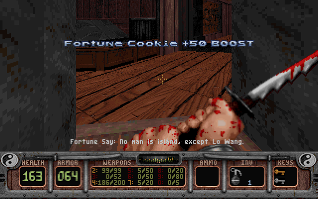 Shadow Warrior (DOS) screenshot: Found a secret area--and a fortune cookie