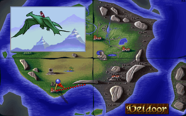 Die Höhlenwelt Saga: Der Leuchtende Kristall (DOS) screenshot: With the help of Susi, Eric travels around Veldoor.