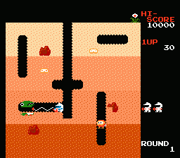 Dig Dug (NES) screenshot: Blowing a dragon up