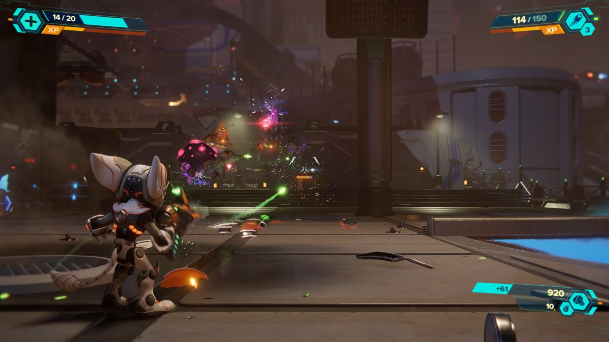 Ratchet & Clank: Rift Apart (Windows) screenshot: The Fungi weapon launches flying mushrooms that help attack.