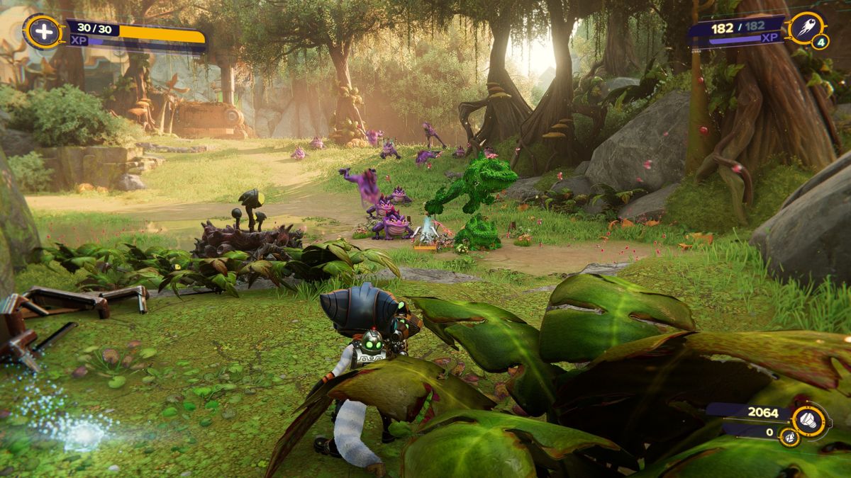 Ratchet & Clank: Rift Apart (Windows) screenshot: The Topiary Sprinkler weapon turns enemies briefly into plants.