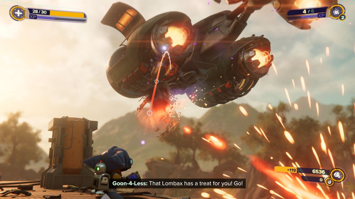 Ratchet & Clank: Rift Apart (Windows) screenshot: Aiming to throw a Shatterbomb to hit a big craft.