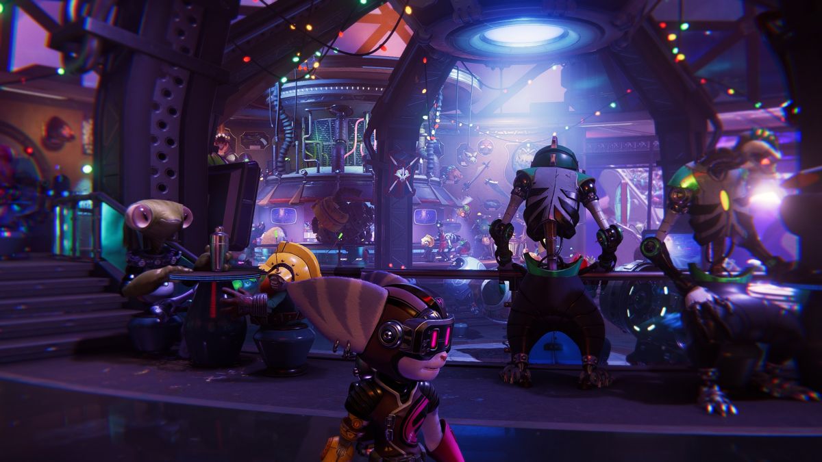 Ratchet & Clank: Rift Apart (Windows) screenshot: At a bar where you can find information and three tiers of arena fights unlocked gradually.