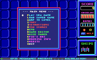 Kiloblaster 1 (DOS) screenshot: The game's main menu