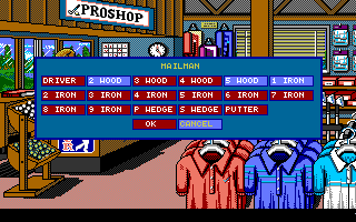 PGA Tour Golf (Amiga) screenshot: Before heading to the field you need to choose which golf clubs you are going to have in your bag.