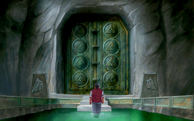 Die Höhlenwelt Saga: Der Leuchtende Kristall (DOS) screenshot: In the Mindhoor temple. The symbols in the door show how to solve this logic puzzle.