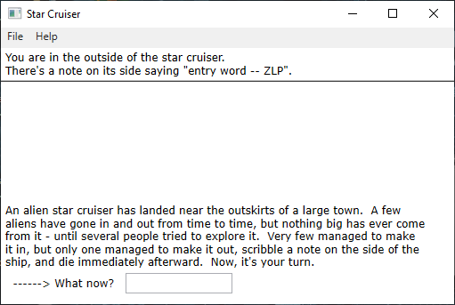 Star Cruiser (Windows) screenshot: The game begins outdoors. The topmost section of the game provides a description of the current location, lists all exits from the current location and objects you can take or manipulate. The box at the bottom is for typing commands.
