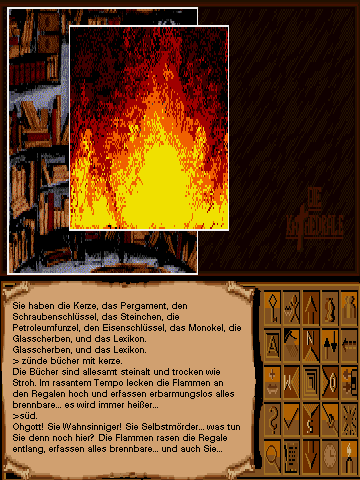 Die Kathedrale (DOS) screenshot: As the occult library burns, one of the cathedral's dangers is banned.