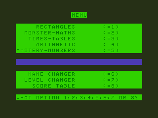 Monster Maths (Dragon 32/64) screenshot: Main Menu