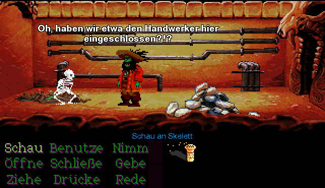 LeChuck Stories (Windows) screenshot: LeChuck makes a joke about forgetting a plumber in this room
