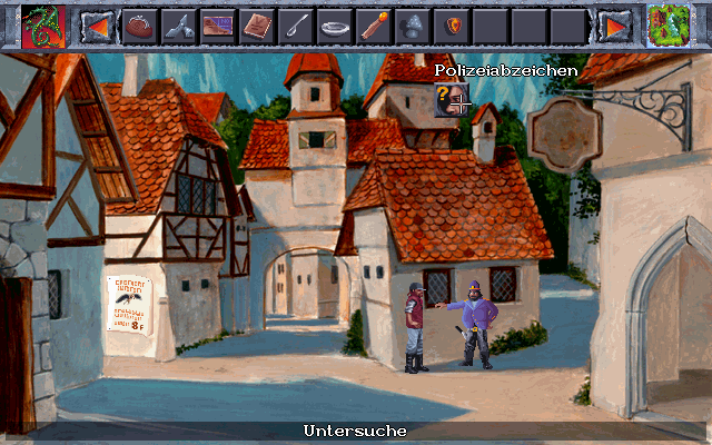Die Höhlenwelt Saga: Der Leuchtende Kristall (DOS) screenshot: In the nice mountain town of Wiesen-Sulzthal, Eric meets a policeman that collaborates with the Drakken.