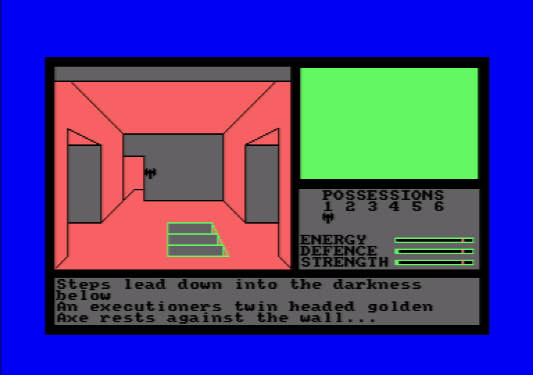The Tomb of Kuslak (Amstrad CPC) screenshot: That axe might come in handy