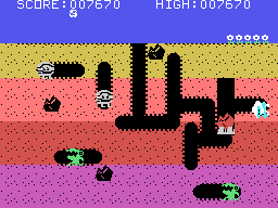 Dig Dug (TI-99/4A) screenshot: Dropping a rock on a creature