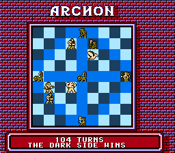 Archon: The Light and the Dark (NES) screenshot: Dark side controls all five powerpoints and thus wins the game