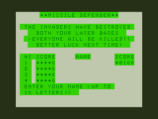 Missile Defender (Dragon 32/64) screenshot: Final Score