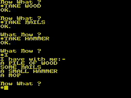Manor of Madness (ZX Spectrum) screenshot: In the store room. "(I)NVENTORY" will list the objects the player is carrying.