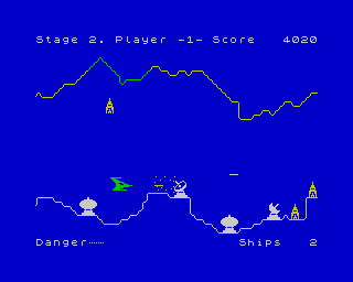 Penetrator (ZX Spectrum) screenshot: Stage 2. After many many attempts I finally discovered you could also fire horizontally. Yeah!
