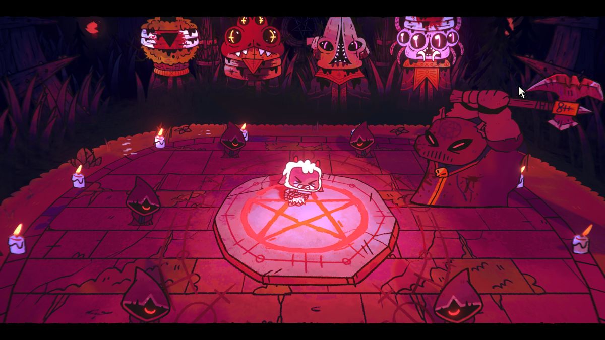 Cult of the Lamb (Windows) screenshot: The lamb about to be sacrificed at the start of the game.