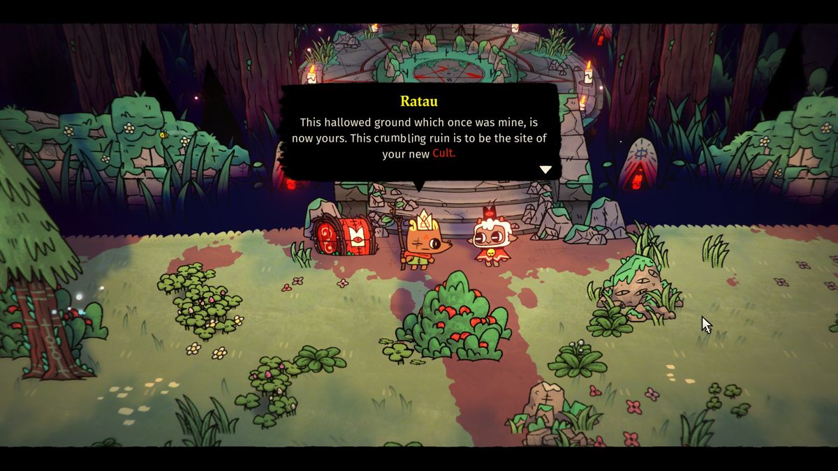 Cult of the Lamb (Windows) screenshot: Ratau gets you going with the basics.