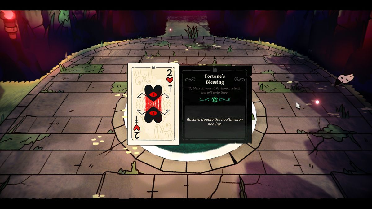 Cult of the Lamb (Windows) screenshot: Tarot cards provide bonuses during a run.