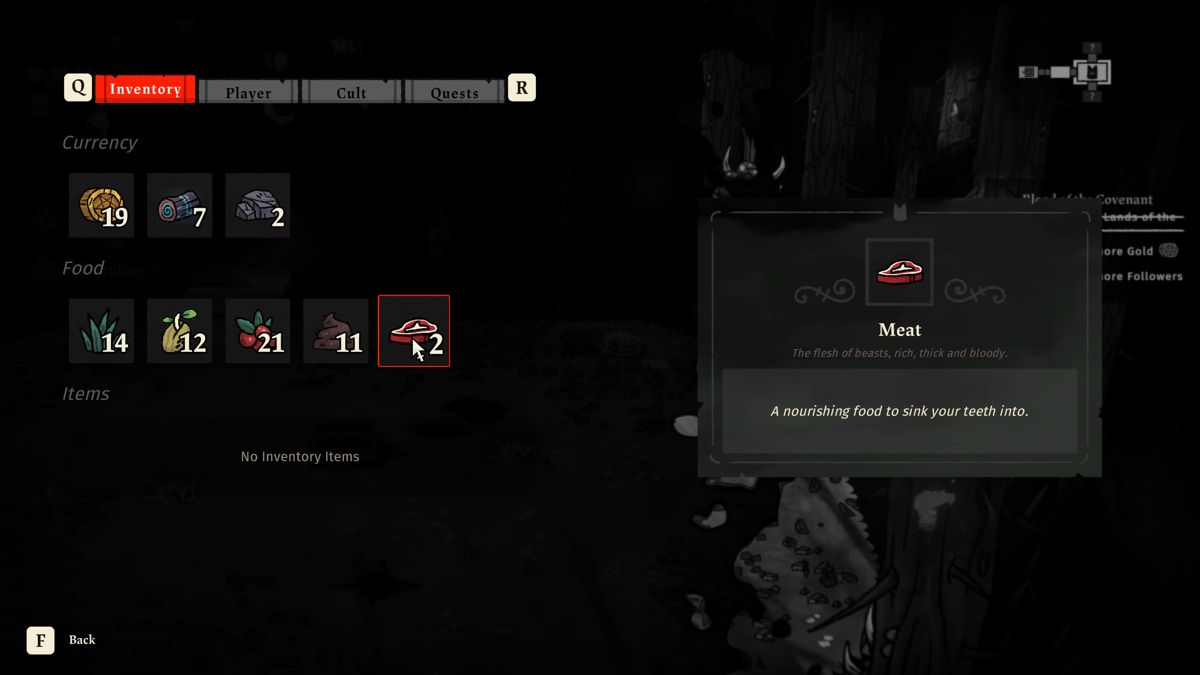 Cult of the Lamb (Windows) screenshot: Items in the inventory