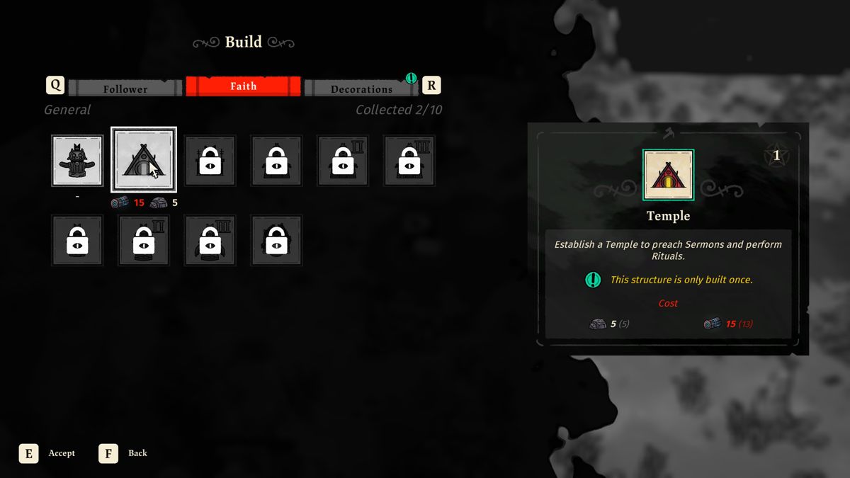 Cult of the Lamb (Windows) screenshot: Building options unlocked gradually.