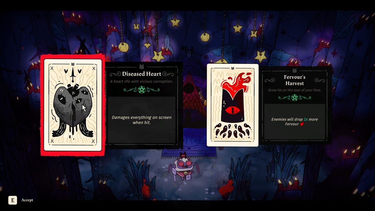 Cult of the Lamb (Windows) screenshot: Two new tarot cards acquired.