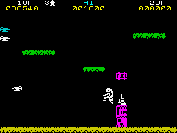Jetpac (ZX Spectrum) screenshot: Ship 3 level 4.