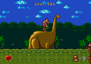 Chuck Rock (SEGA CD) screenshot: Yay! Dinosaur ride!