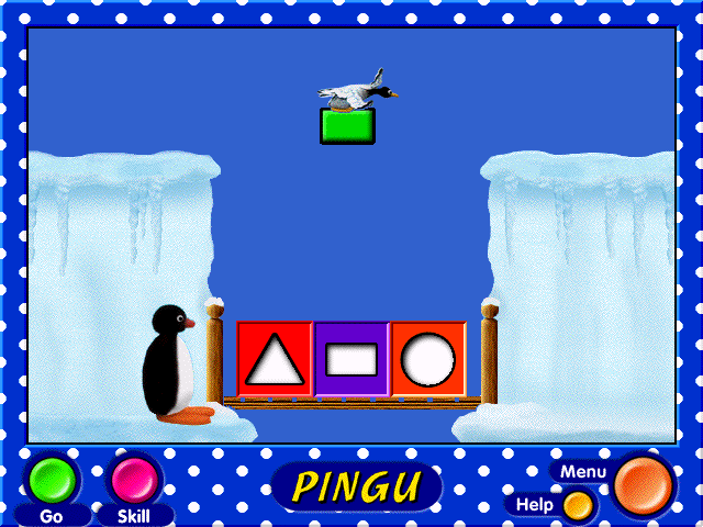 Pingu: A Barrel of Fun! (Windows) screenshot: Shapes Puzzle (with the seagull that's holding a rectangle)