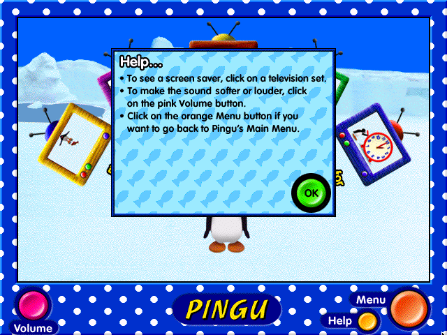 Pingu: A Barrel of Fun! (Windows) screenshot: Help (Screen Saver Menu)
