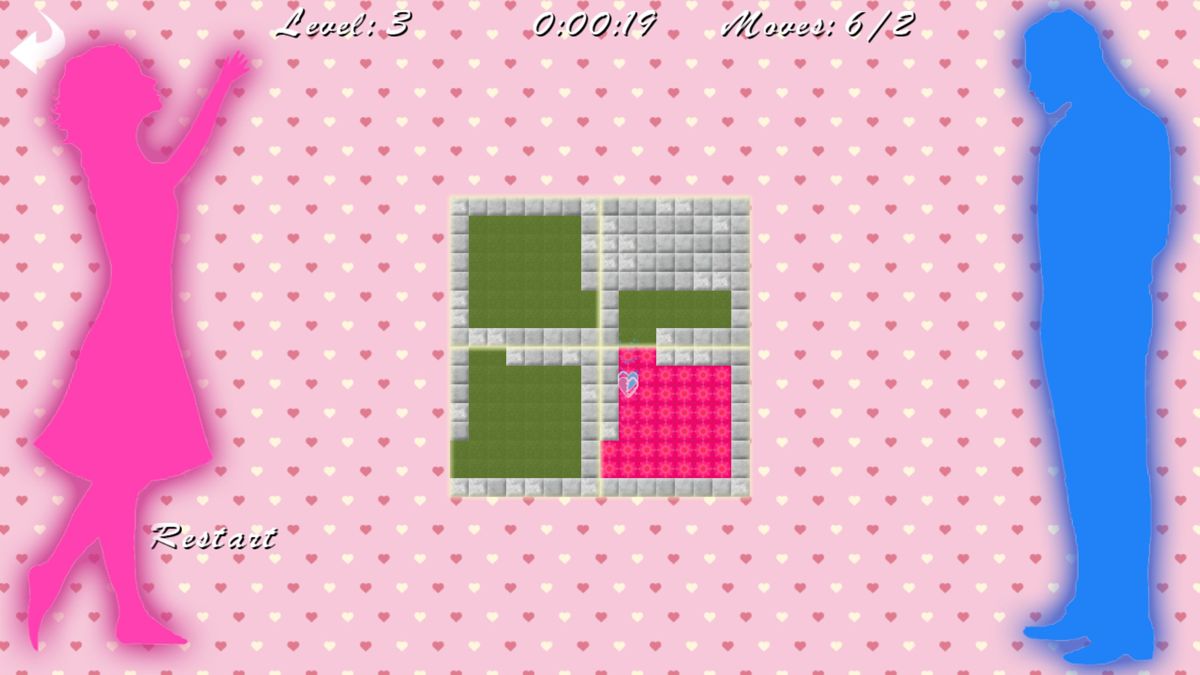 Ah, Love! (Windows) screenshot: Level Three. The challenge here is to get the hearts to meet in the pink romantic zone