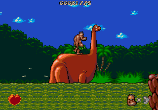 Chuck Rock (Genesis) screenshot: Use the dinosaur to cross water